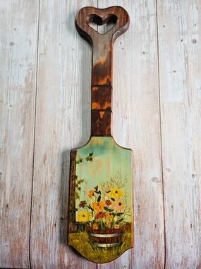 Original 1970s Retro Wood Heart Handle Painted Floral Paddle Signed Folk Art